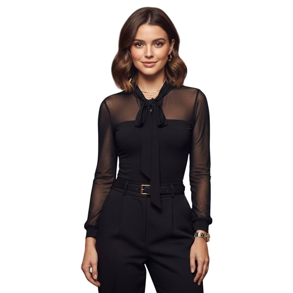 New York & Company Sheer Black Bodysuit With Tie Neck Womens Size Medium